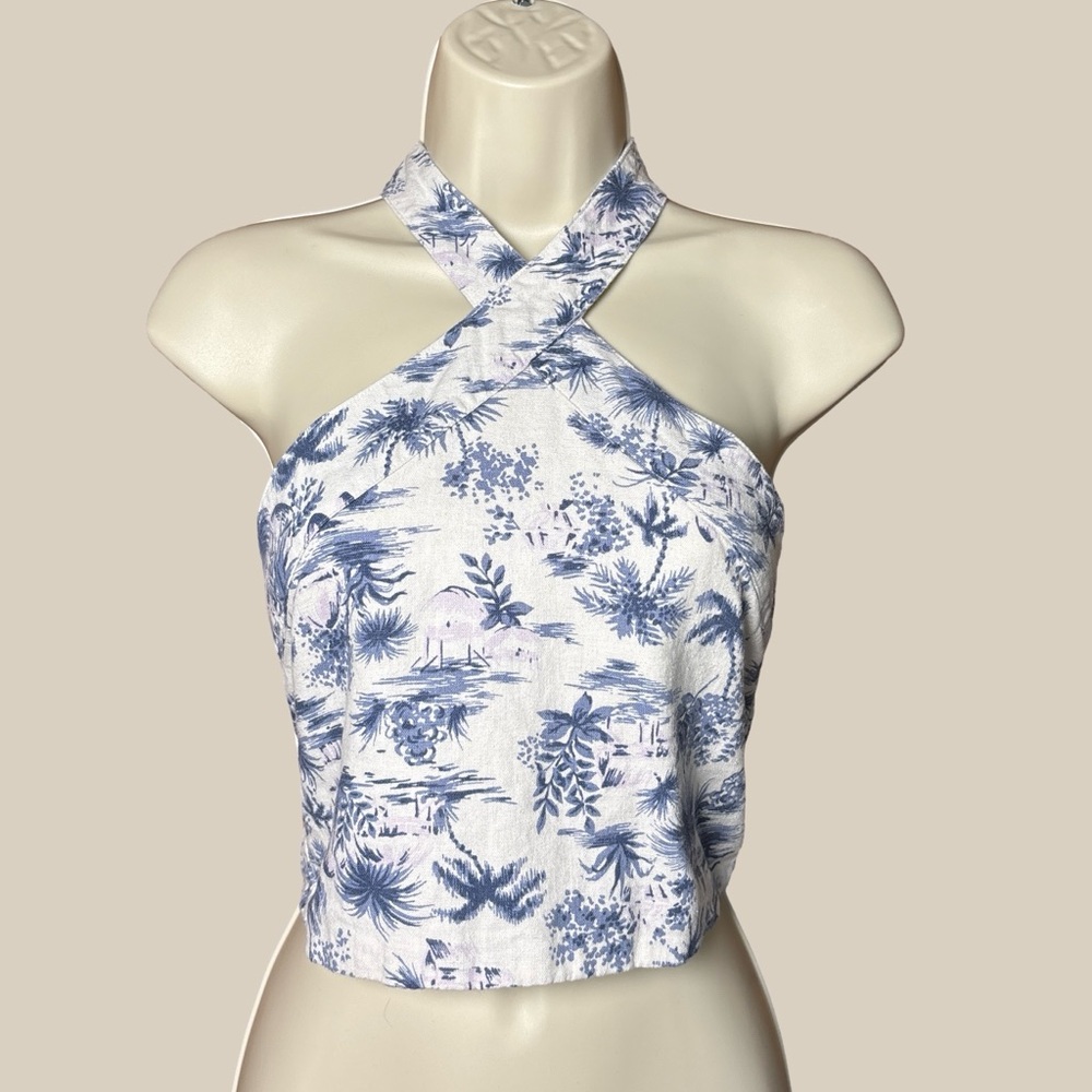 Abercrombie & Fitch Women’s Blue White Toile Cropped Halter Top Linen Blend SZ S
